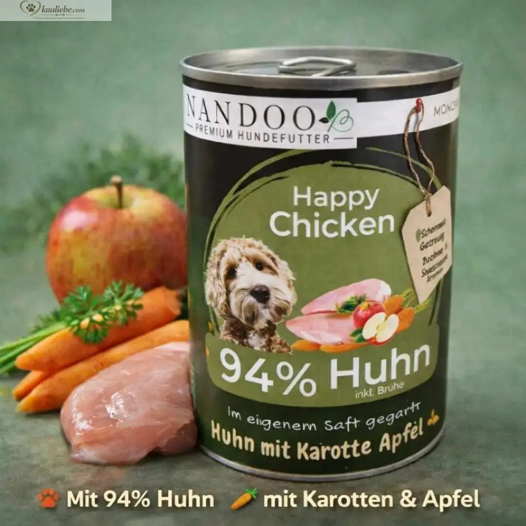 Nassfutter für Hunde von NANDOO, Huhn mit Karotte und Apfel, 400g Dose, frische Tiernahrung, natürlich und ausgewogen