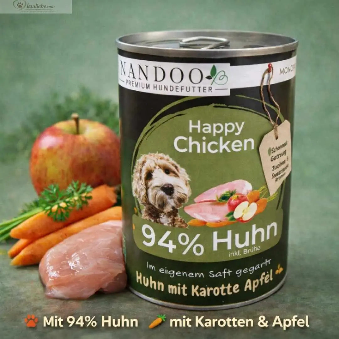 Nandoo Happy Chicken Nassfutter für Hunde mit Huhn, Karotte und Apfel in 800g Dose, frisches Tierfutter mit gesunden Zutaten