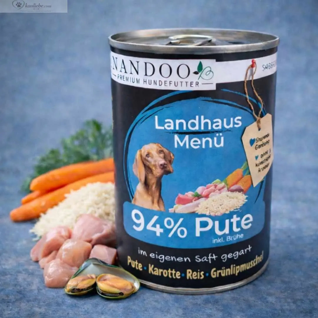 Nandoo Landhaus Menü mit Pute, Reis, Karotten und Grünlippmuschel in 400g Schale, feuchtfutter für Hunde