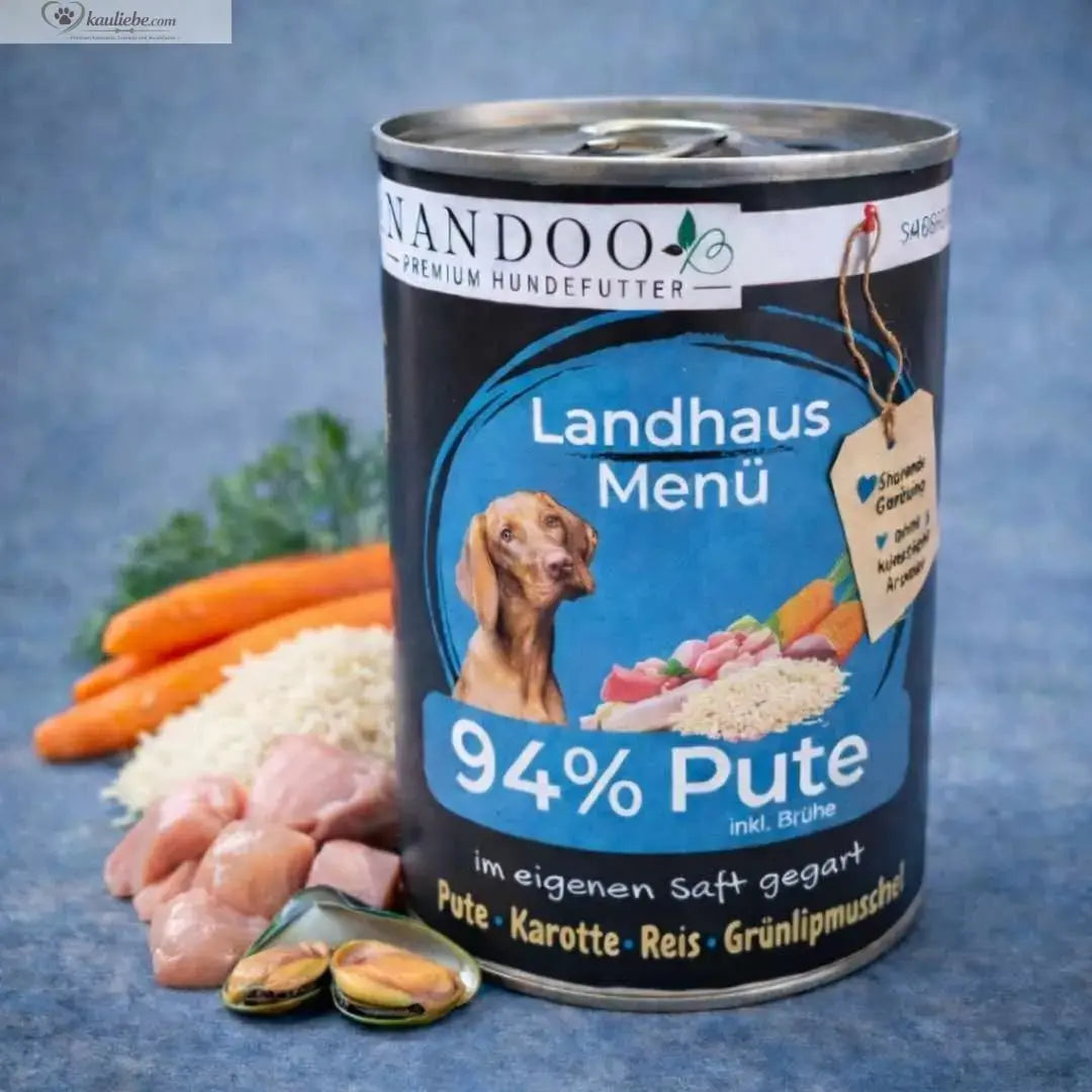 NASSFUTTER NANDOO Landhaus Menü Pute mit Reis, Karotte und Grünlippmuschel, 800g Dose, feuchtes Hundefutter