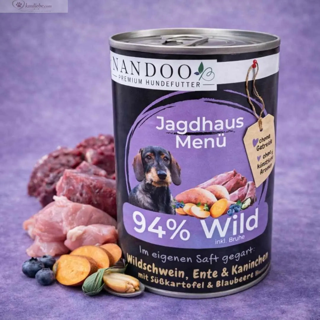 NANDOO Jagdhaus Menü mit Wildschwein, Ente und Kaninchen, 400g, Nassfutter für Hunde mit Süßkartoffel, Beere und Muschel