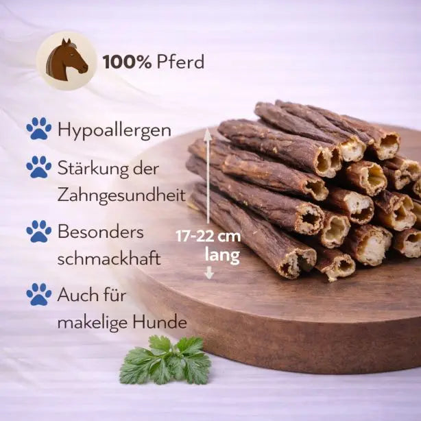 NANDOO Pferdedärme, 250g, detailreiche Nahaufnahme von getrockneten Pferdedärmen für Hundesnacks