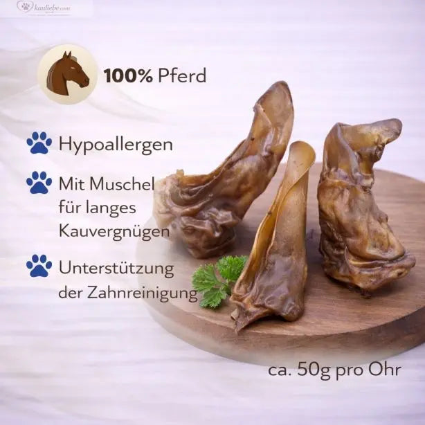 NANDOO Pferdeohren ohne Fell, 250g, detailreiche Ansicht der getrockneten Pferdeohren als Hundesnack