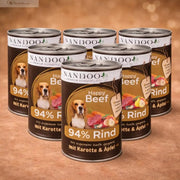 NANDOO Happy Beef Rind Nassfutter in 6 Dosen, mit Karotte, Birne und Grünlippmuschel für Hunde.