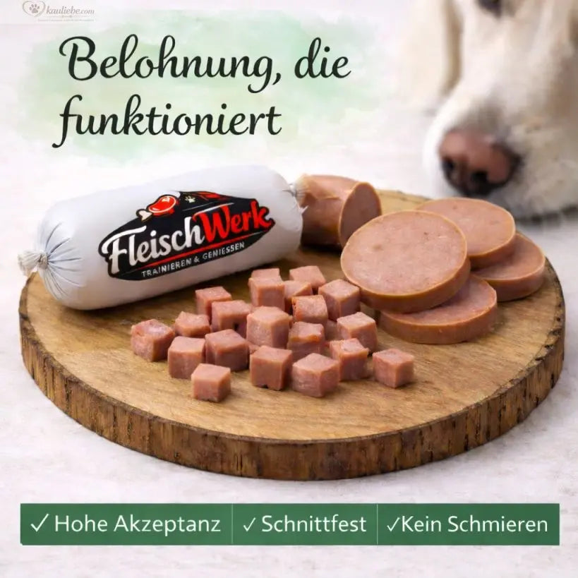Schnittfeste Trainingswurst aus Kaninchen von FleischWerk, 100g, zeigt die Wurst in Scheiben auf einer weißen Oberfläche.