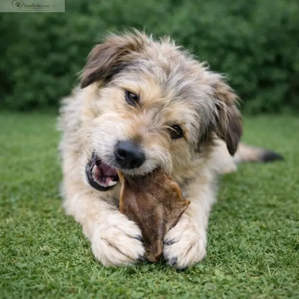 Hundeschweineohr von NANDOO, ein einzelnes getrocknetes Schweineohr, ideal für Hundesnacks, auf dem Bild sichtbar.