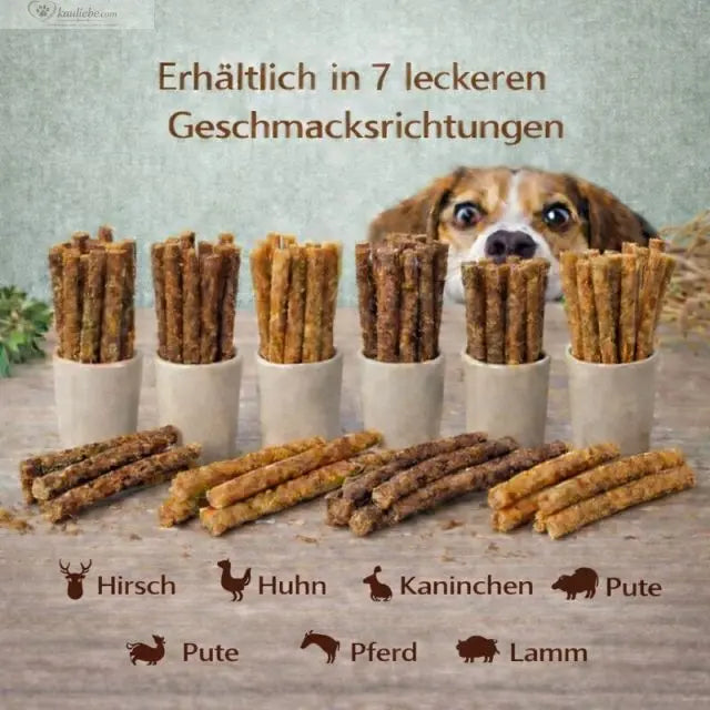 NANDOO Putensticks 250g, verschiedene Geschmacksrichtungen, geformte Fleischsticks auf weißem Hintergrund