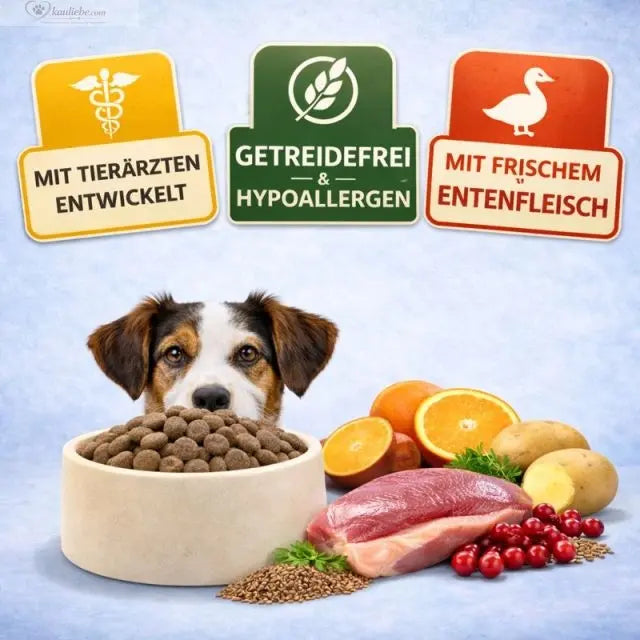 NANDOO Ente, Obst und Gemüse Trockenfutter für Haustiere, mit verschiedenen Zutaten und bunten Buttons, in einer Schale.