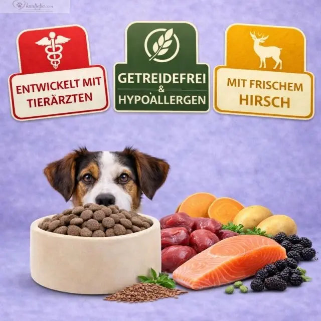 Nandoo Trockenfutter mit Hirsch, Lachs und Maulbeere, naturbelassenes Hundetrockenfutter in Form von kleinen Buttons