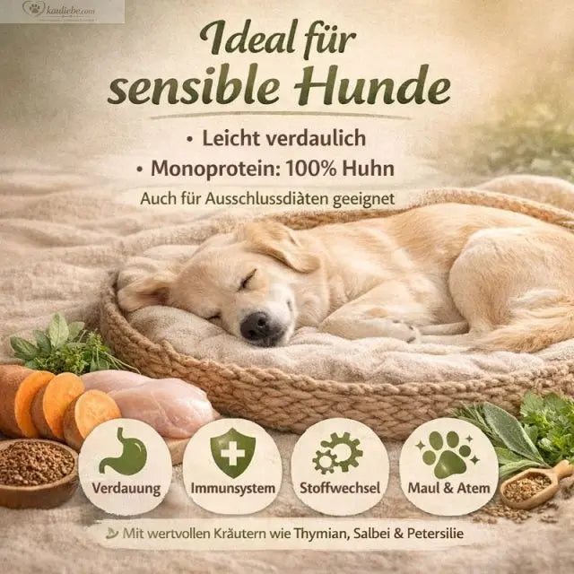 Getrocknetes Hühnerfutter mit Gartenkräutern von NANDOO, gesundes Tierfutter für Hühner, in einer Schale.