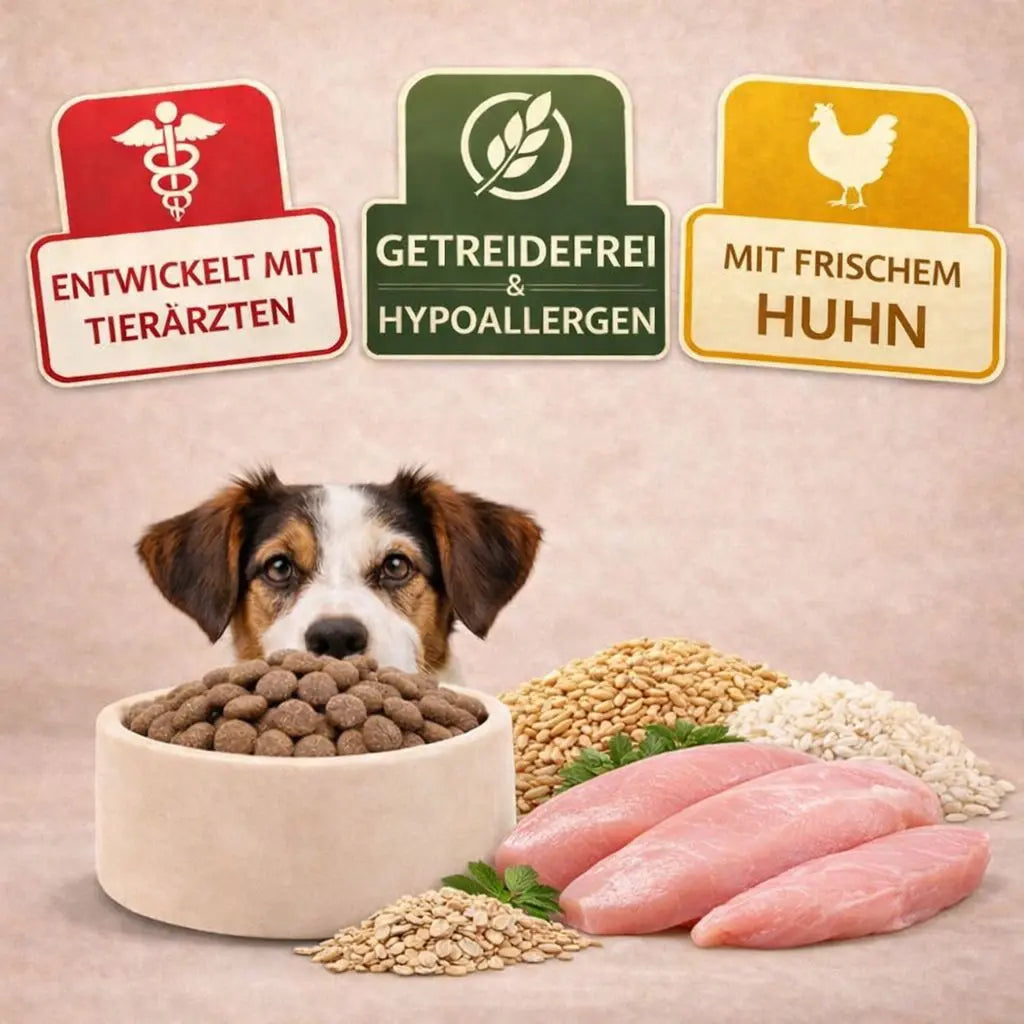 Huhn und Reis Trockenfutter für Hunde von NANDOO, kleine Futterbuttons aus Huhn und Reis auf weißem Hintergrund