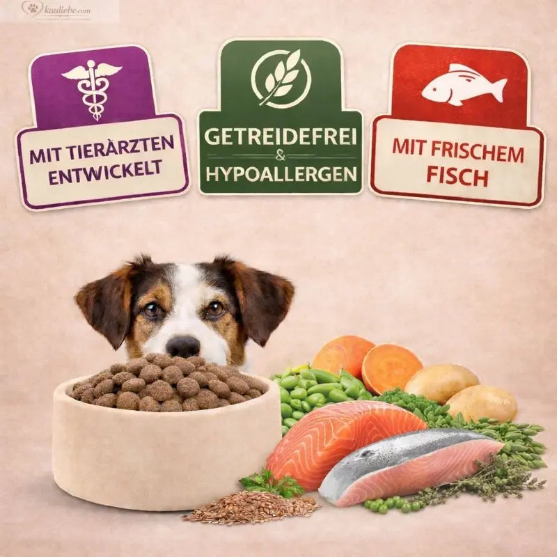 Hundefutter mit Lachs, Forelle und Süßkartoffeln von NANDOO, getrocknetes Trockenfutter in Button-Form.