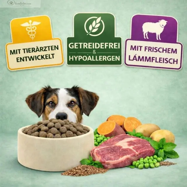 Trockenfutter für Hunde mit Lamm und Gemüse von NANDOO, Nahaufnahme der Futterbuttons in einer Schüssel
