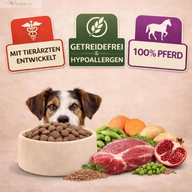 Trockenfutter für Pferde mit Granatapfel von NANDOO, gezeigt in einer Schale mit Futter und Granatapfelkernen.