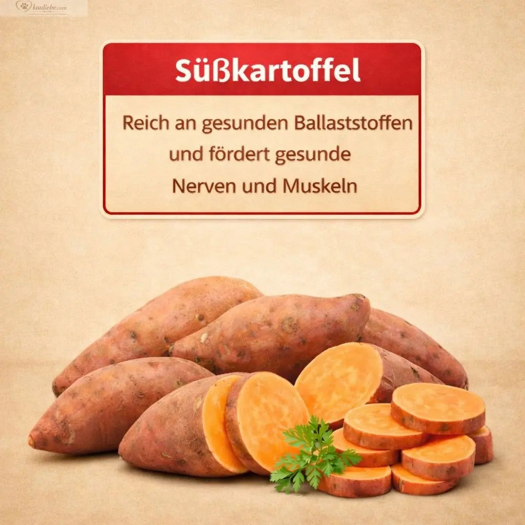 Hundefutter für Welpen mit Hühnchen, Truthahn, Lachs (60%) und Gemüse, in einer Schale mit Süßkartoffeln von NANDOO