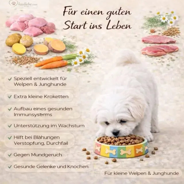 NANDOO Welpenfutter für kleine Rassen mit Geflügel, Gartenkräutern und Gemüse, enthält 60% Pute und Ente, für gesunde Welpen