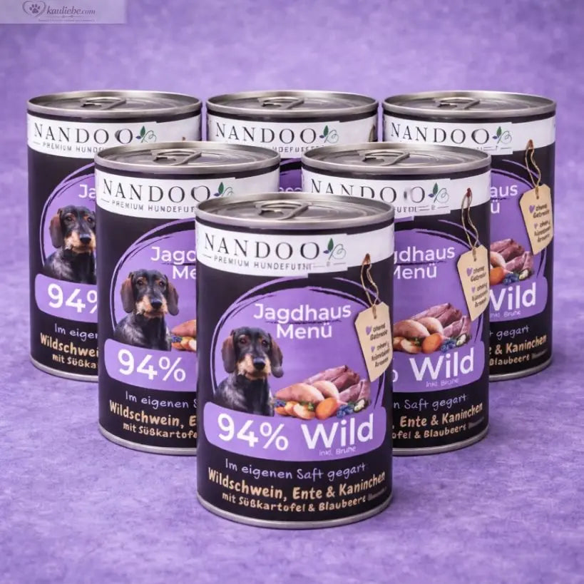 Jagdhaus Menü – Wildschwein, Ente, Kaninchen mit Süßkartoffel, Blaubeere, Hagebutte & Grünlippmuschel (6x800g) NANDOO