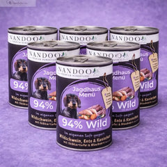 Jagdhaus Menü – Wildschwein, Ente, Kaninchen mit Süßkartoffel, Blaubeere, Hagebutte & Grünlippmuschel (6x800g)