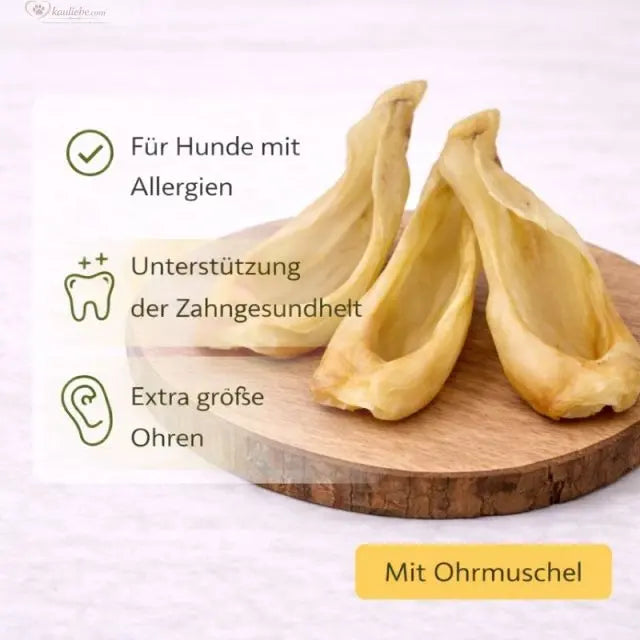 Ziegenohren von NANDOO, 250g, detailreiche Nahaufnahme der getrockneten Ziegenohren für Haustiere